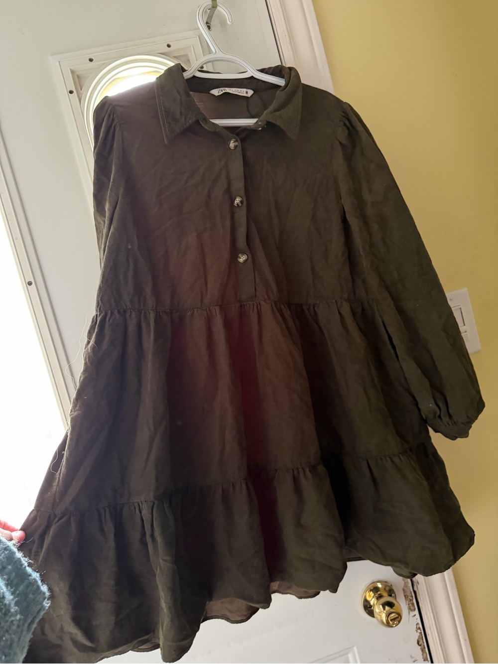 Zara Corduroy Tiered Long-Sleeve Dress - Olive Green